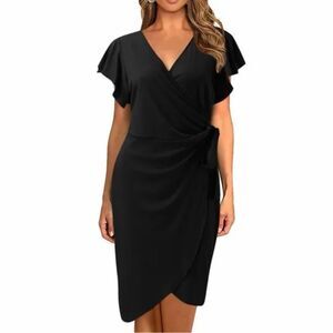 Windmill Boutique Cotton Blend BlacK Faux Wrap Dress Flutter Sleeve LBD M